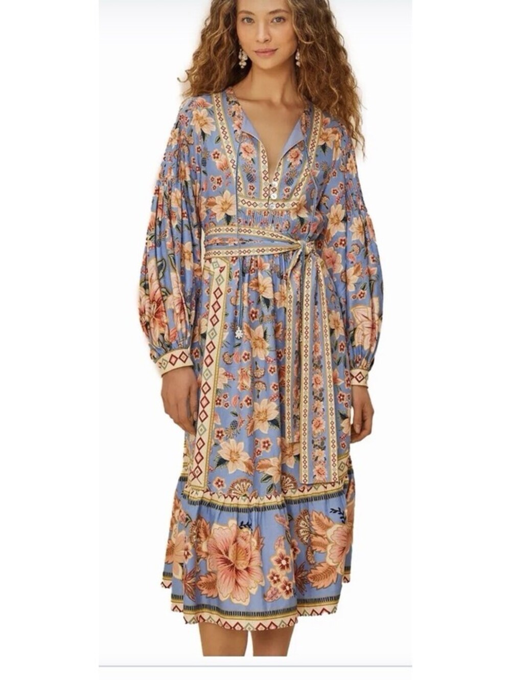 FARM RIO Blue Superbloom Floral Midi Dress Sz M Long Sleeves Pockets Cotton
